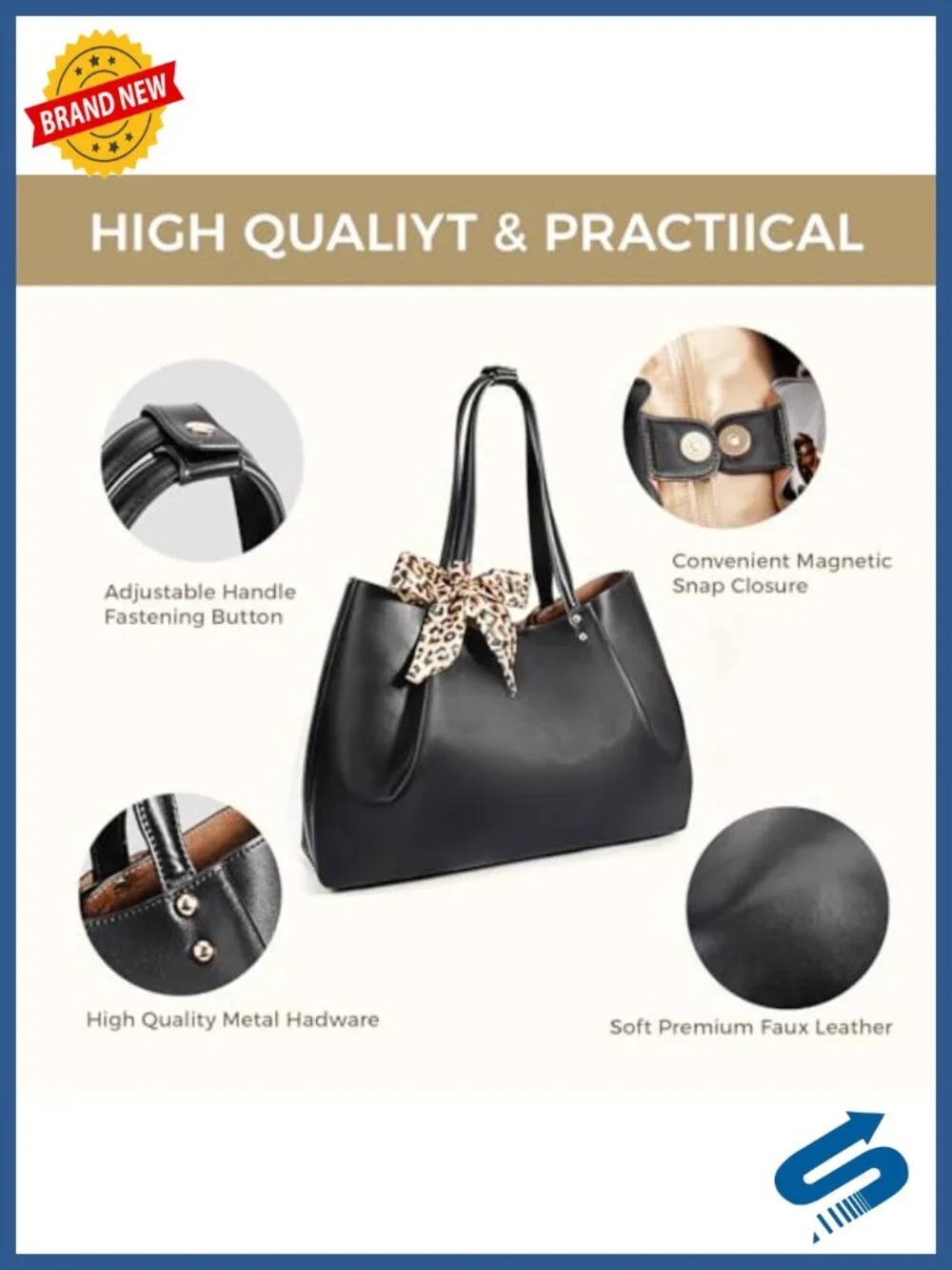 Large Vegan Leather Tote Bag for Women with Detachable Pocket and Silk Scarf